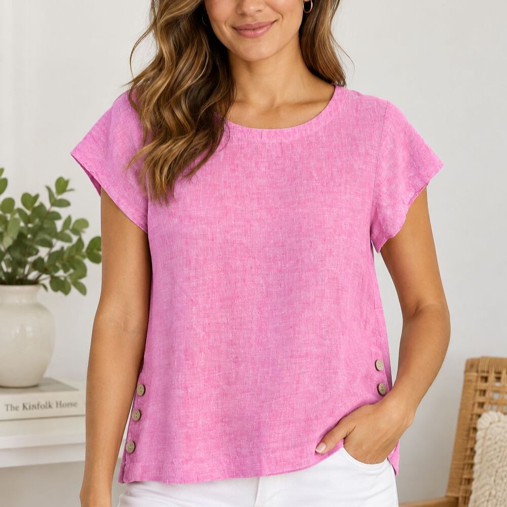 Cynthia Rowley 100% Linen Pink Short Sleeve Top Side Buttons Coastal M